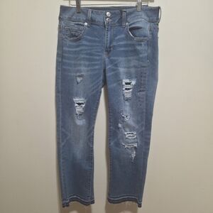 AEO American Eagle Denim Artist Low Rise Distressed Cropped Flared Jeans Size 10